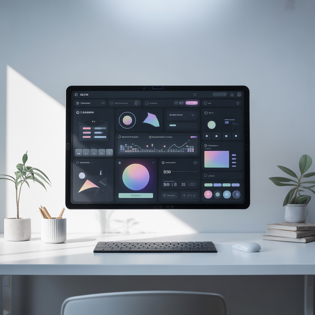 A clean minimalist workspace with a large digital tablet displaying a complex UI design, soft ambient lighting, glassmorphism elements. No people.